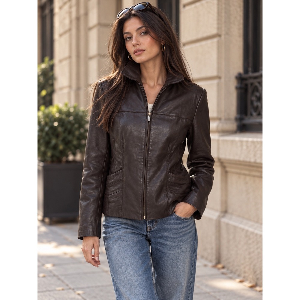 Y2K AK Anne Klein Chocolate Brown Genuine Leather Zip Jacket Medium Collared